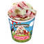 Strawberry Doughnut-eee Eiscreme und Erdbeerfruchteiscreme mit Teig-Stücken mit Doughnut-Geschmack und weißen Fettglasurstücken, durchzogen von Erdbeersauce.